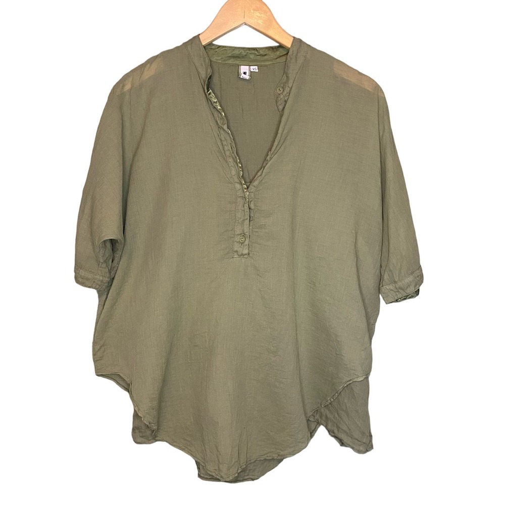 European Culture Olive Green Sheer Lined Lagenlook Blouse  Size XS